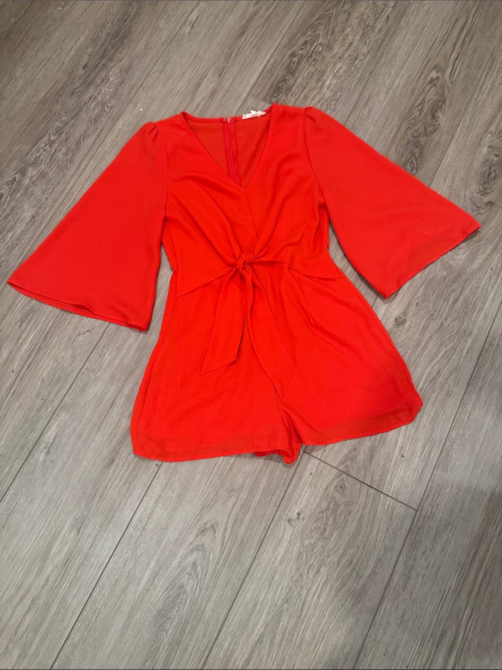 entro Bright Red Tie-Front Bell Sleeve One-Piece Romper